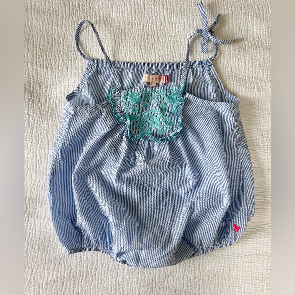 Pink Chicken gingham bubble romper with adjustable straps embroidered 12-18 girl